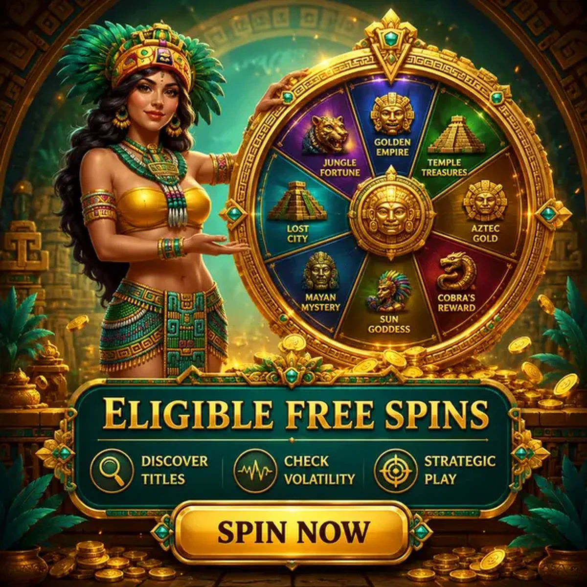 Golden Queen révélant la roue des prix des tours gratuits éligibles chez Rolldorado Casino