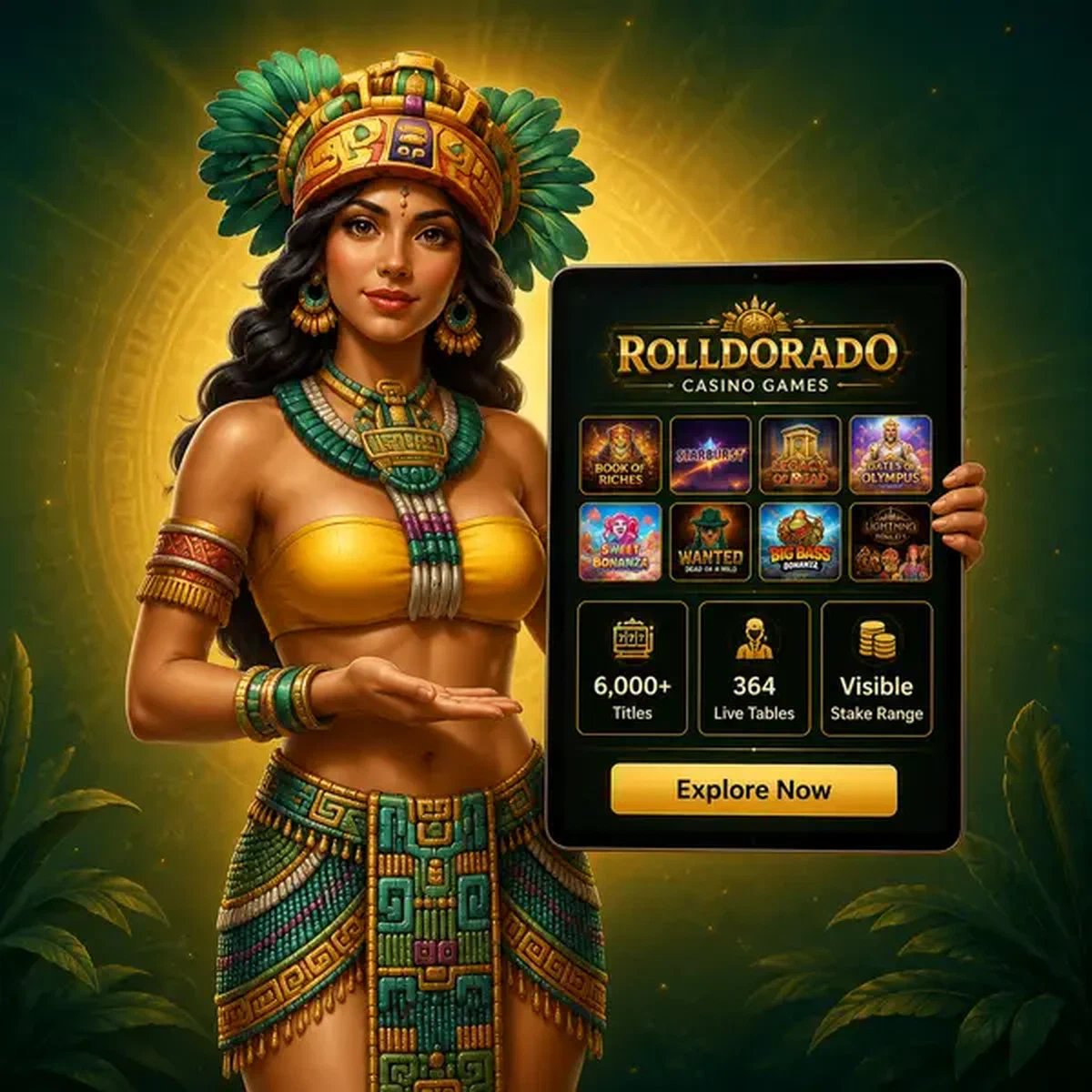 La Reine dorée présente le catalogue de jeux [Brand] sur une tablette lumineuse avec plus de 6 000 titres