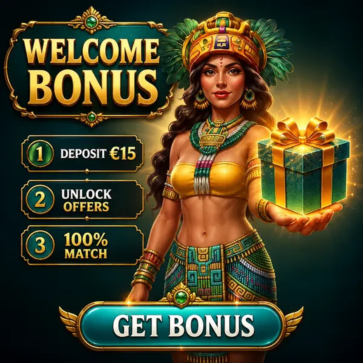 Reine dorée présentant le cadeau bonus de bienvenue sur l'interface de l'application mobile Rolldorado