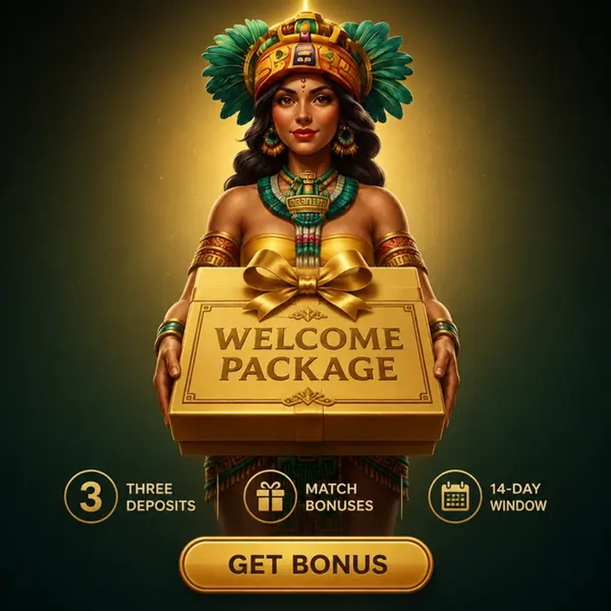 Golden Queen présentant le package de bienvenue du site de paris sportifs Rolldorado avec des bonus de paris sportifs