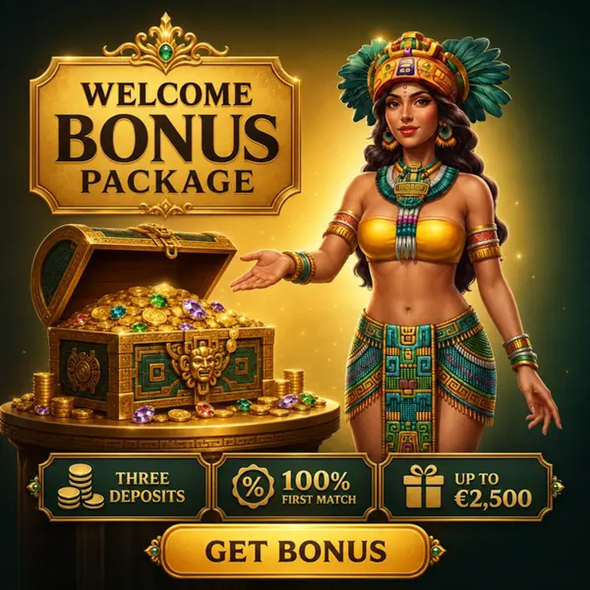 Reine dorée présentant le coffre au trésor du bonus de bienvenue au Casino Rolldorado