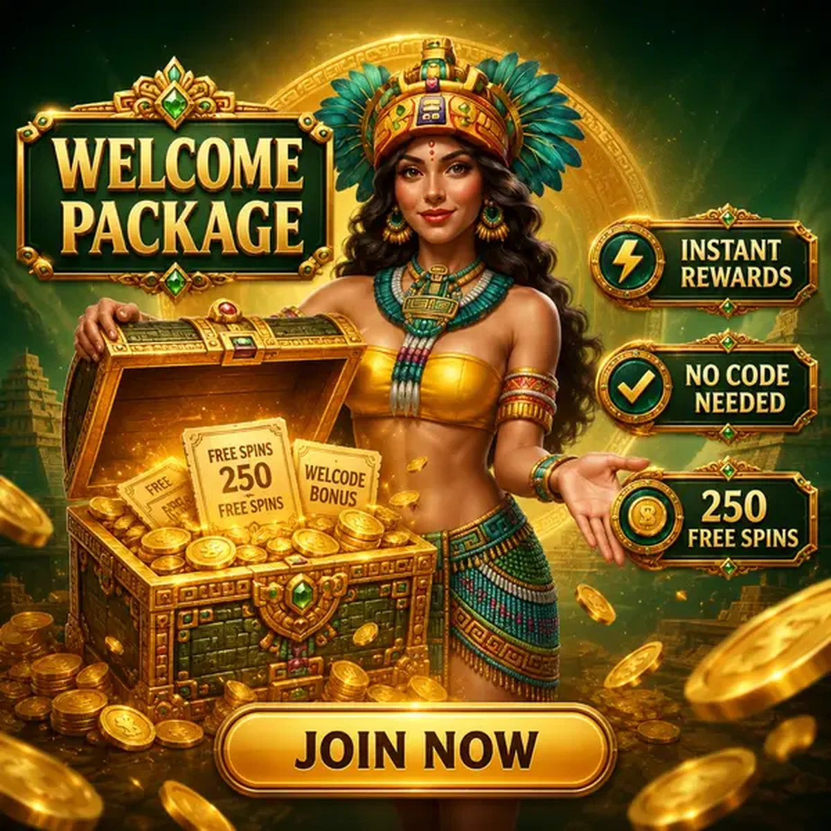 Reine dorée présentant un coffre de pack de bienvenue débordant de pièces alors qu'un nouveau joueur s'inscrit au Pack de Bienvenue et Récompenses Instantanées