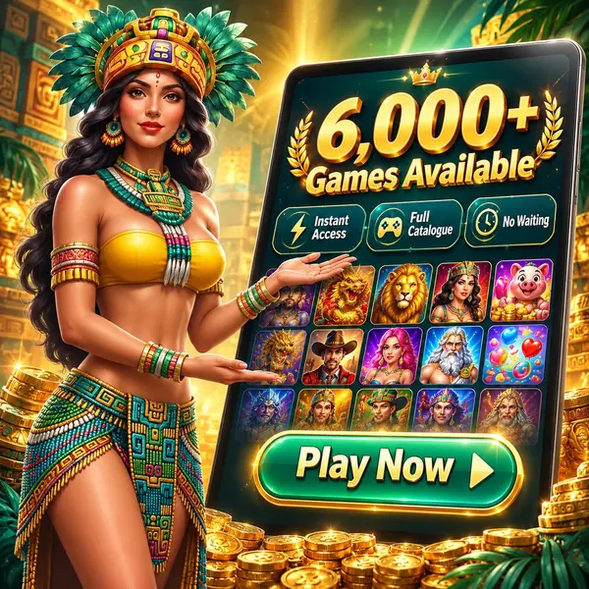 Reine dorée présentant un vaste catalogue de jeux sur tablette chez Rolldorado après inscription
