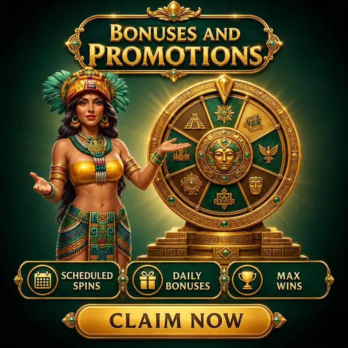 La Reine dorée présentant la roue des prix dans le hall des bonus et promotions de Rolldorado