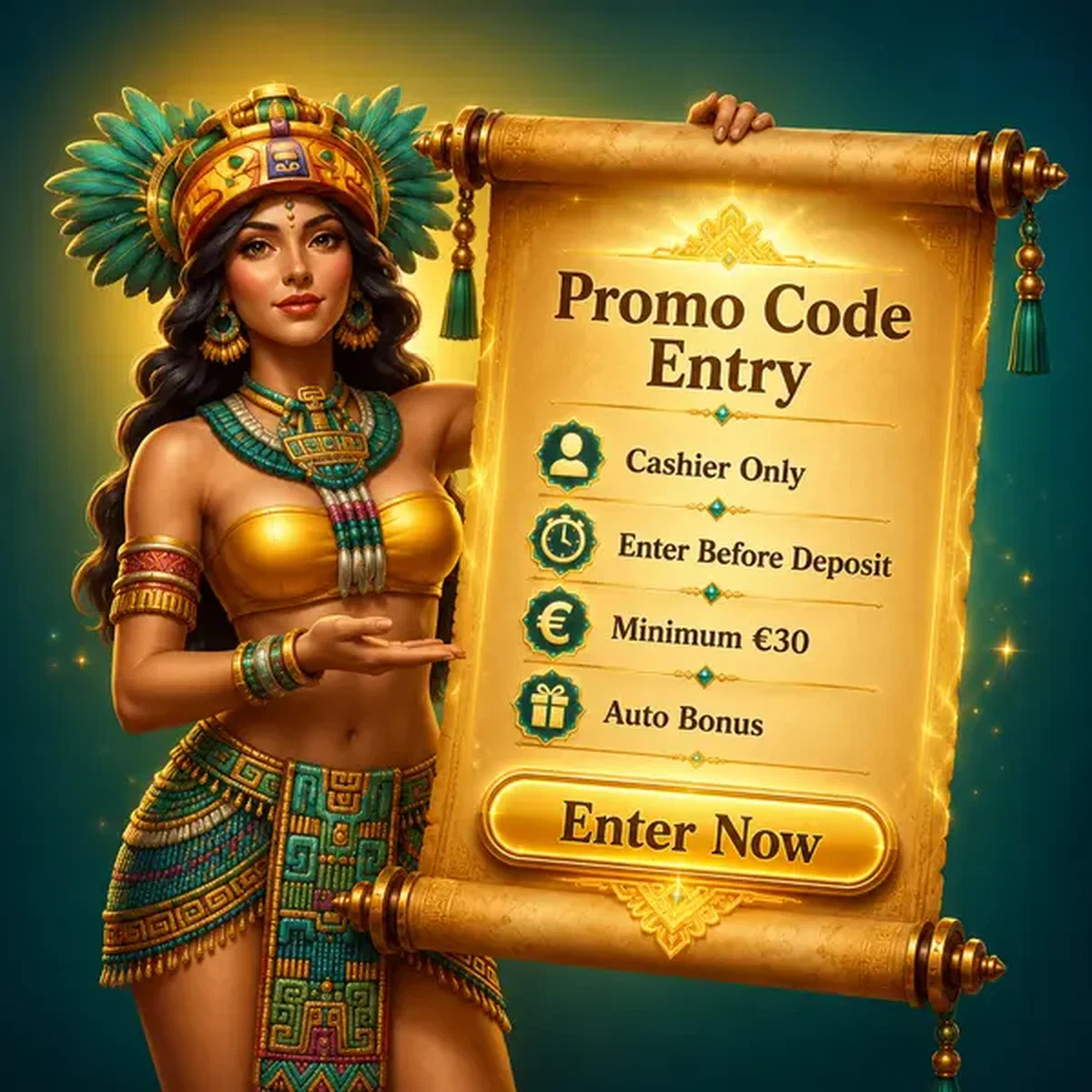 Golden Queen présentant un parchemin de code promo à l'entrée du Casino Rolldorado