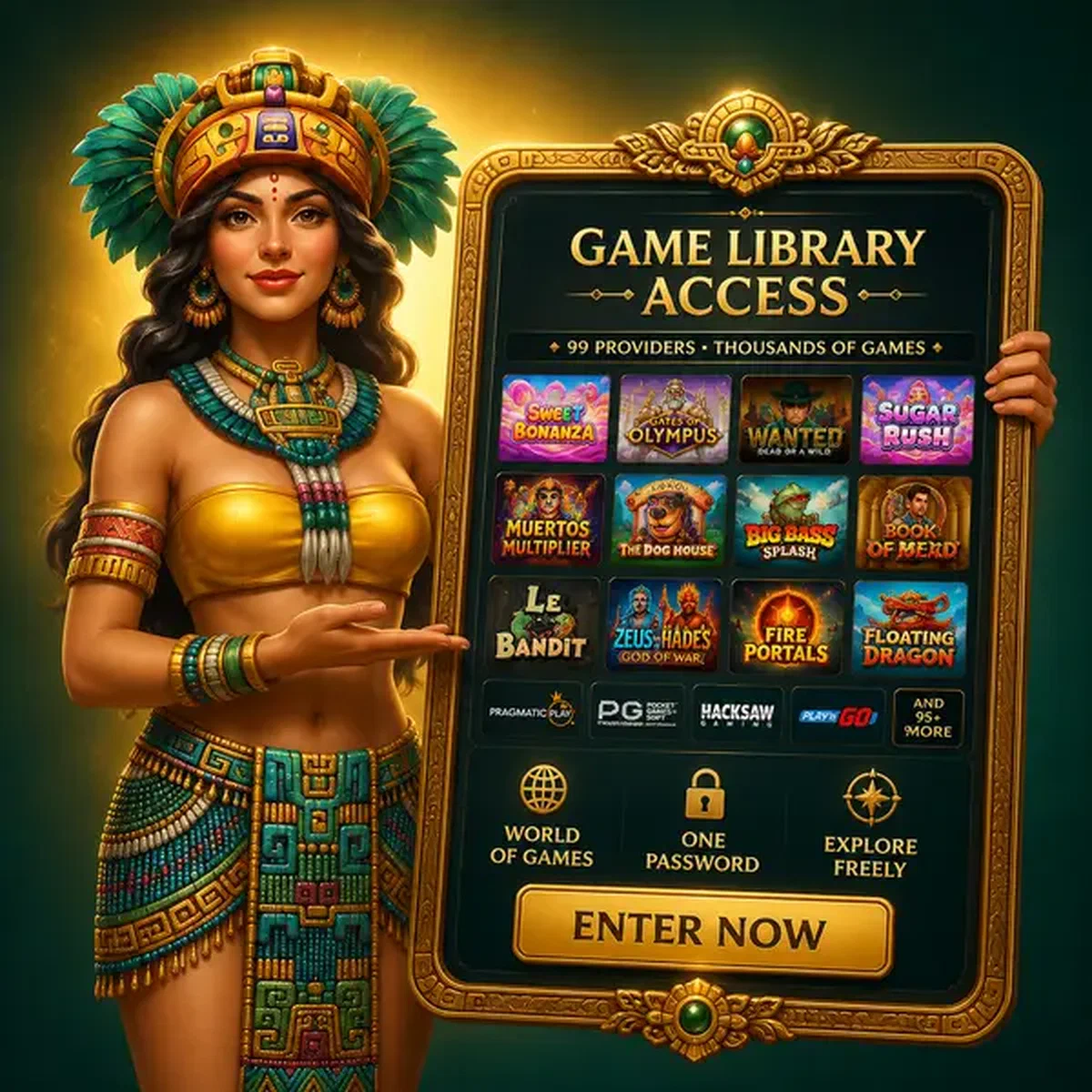 Majestueuse Golden Queen présentant la bibliothèque de jeux après connexion dans votre lobby de jeux
