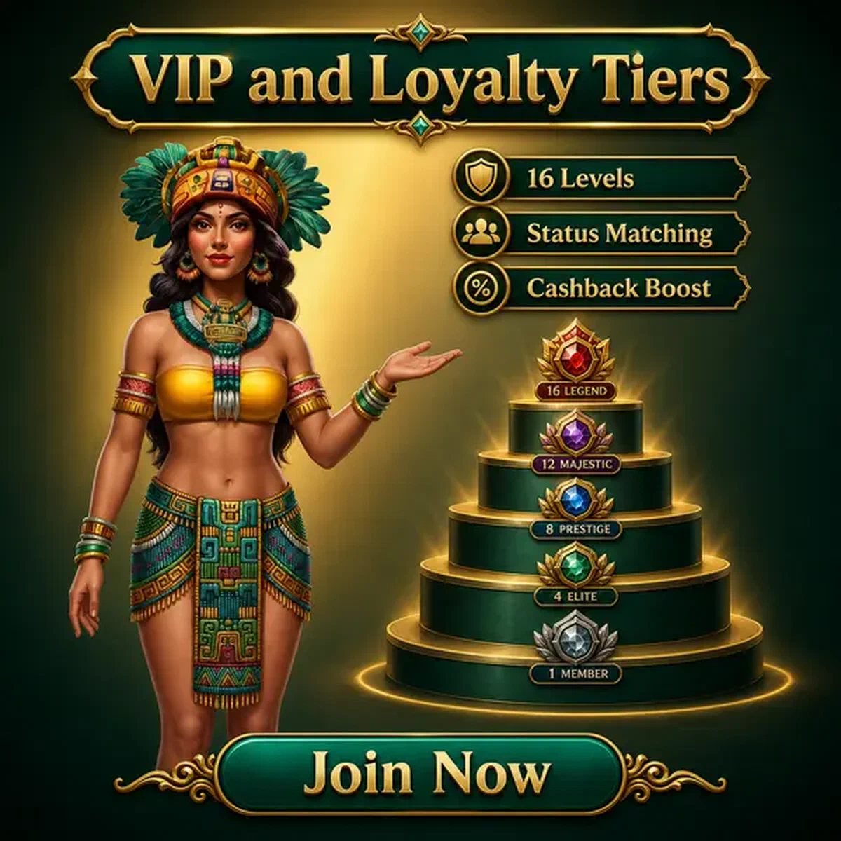 La Reine dorée présentant les niveaux de fidélité VIP sur le podium de progression de Rolldorado Casino