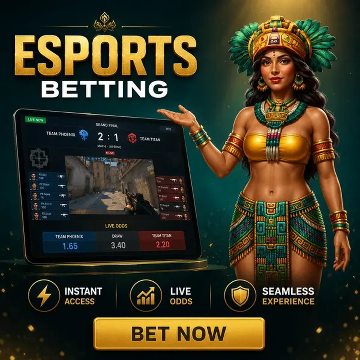 La Reine dorée faisant un geste vers les cotes de paris esports en direct dans l'arène de paris sportifs de Rolldorado